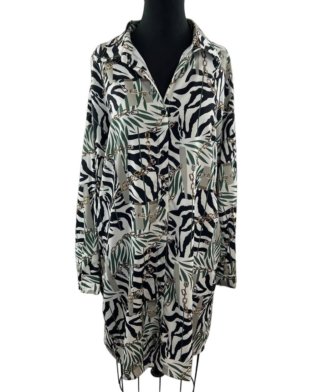 Rebdolls White Black Green Animal Print Long Sleeve Button-Down Dress Size 1X